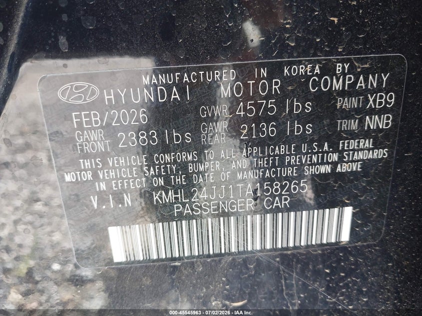 2026 Hyundai Sonata VIN KMHL24JJ1TA158265 IAAI salvage auction — FRONT END, Enterprise Vehicles Clear Only (South Carolina), sold $8,100 on 2026-07-08 (photo 9)