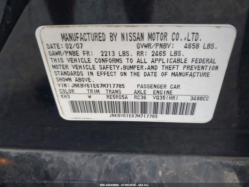 2007 Infiniti G35 VIN JNKBV61E67M717785 IAAI salvage auction — SIDE, Salvage (Louisiana), sold $375 on 2026-07-28 (photo 9)