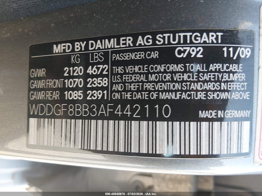 2010 Mercedes-benz C class VIN WDDGF8BB3AF442110 IAAI salvage auction — NORMAL WEAR, Clear (Missouri), sold $900 on 2026-08-01 (photo 9)