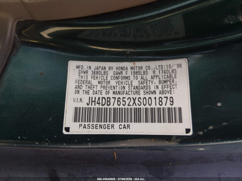 1999 Acura Integra VIN JH4DB7652XS001879 IAAI salvage auction — FRONT END, App For Dup Clear (California), sold $100 on 2026-07-29 (photo 9)