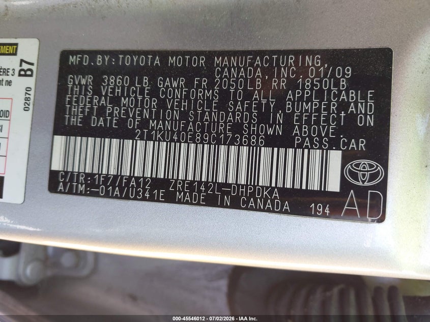 2009 Toyota Matrix VIN 2T1KU40E89C173686 IAAI salvage auction — NORMAL WEAR, Clear - Dealer Only (California), sold $850 on 2026-07-09 (photo 9)
