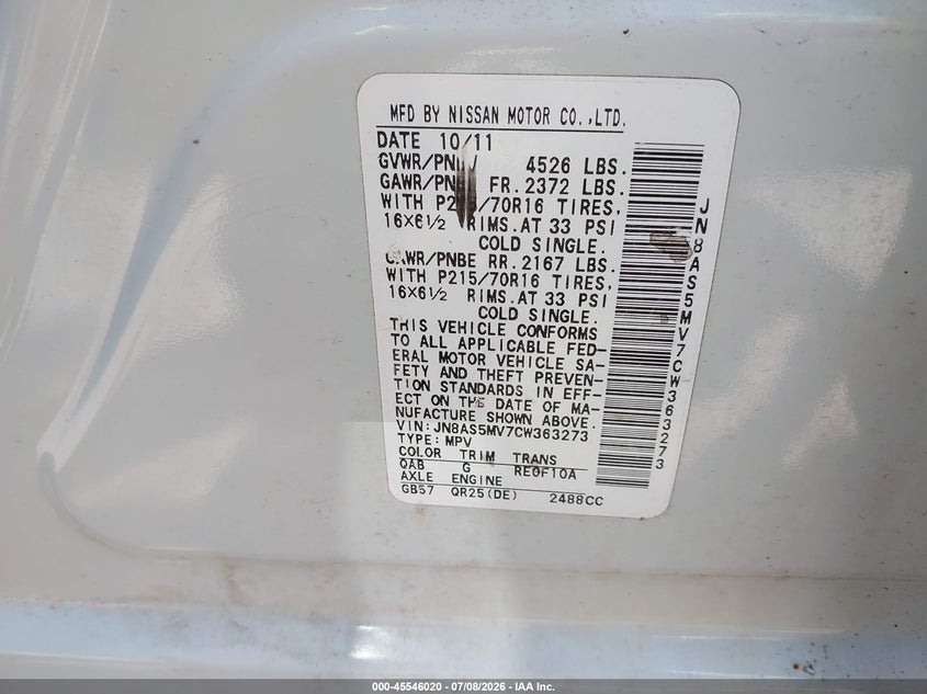 2012 Nissan Rogue VIN JN8AS5MV7CW363273 IAAI salvage auction — REAR END, Clear (Massachusetts), sold $25 on 2026-07-21 (photo 9)