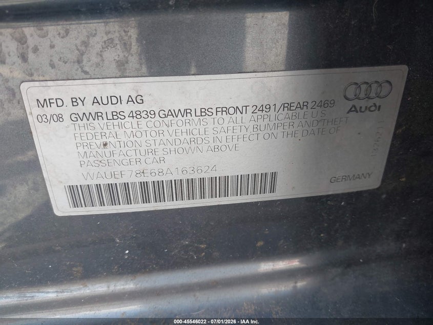 2008 Audi A4 VIN WAUEF78E68A163624 IAAI salvage auction — FRONT END, Clear (Oregon), sold $275 on 2026-07-09 (photo 9)