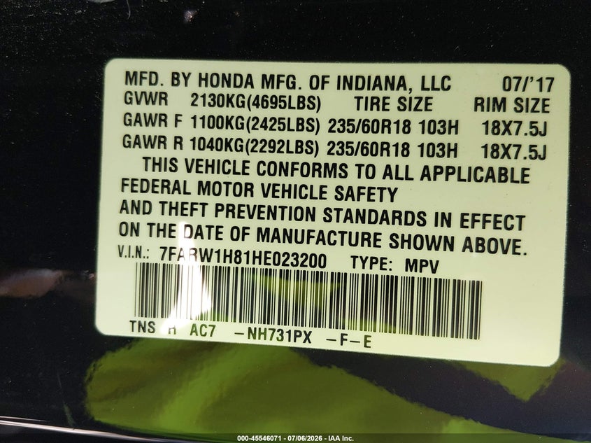 2017 Honda Cr-v VIN 7FARW1H81HE023200 IAAI salvage auction — REAR END, Salvage (North Carolina), sold $5,800 on 2026-07-22 (photo 9)