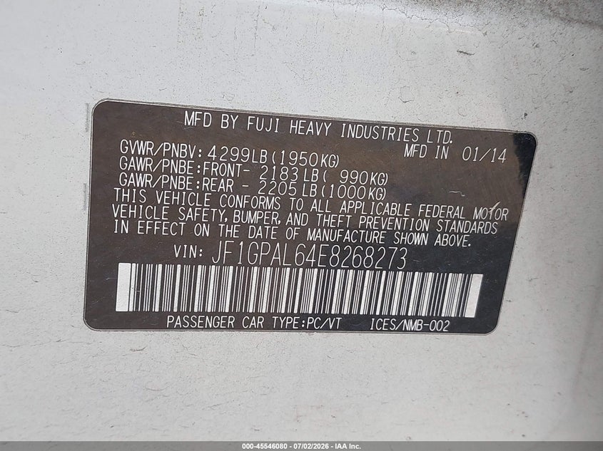 2014 Subaru Impreza VIN JF1GPAL64E8268273 IAAI salvage auction — NORMAL WEAR, Original (Texas), sold $600 on 2026-07-30 (photo 9)