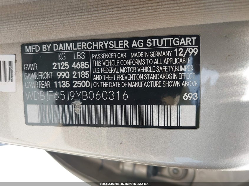 2000 Mercedes-benz E-class VIN WDBJF65J9YB060316 IAAI salvage auction — FRONT END, Salvage (California), sold $1,300 on 2026-07-17 (photo 9)