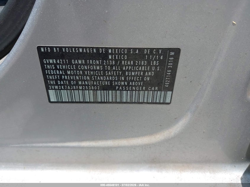 2015 Volkswagen Jetta VIN 3VW2K7AJ8FM253802 IAAI salvage auction — NORMAL WEAR, Clear (Mississippi), sold $525 on 2026-07-10 (photo 9)