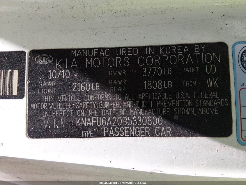 2011 Kia Forte VIN KNAFU6A20B5330600 IAAI salvage auction — NORMAL WEAR, Clear (Michigan), sold $100 on 2026-07-17 (photo 9)