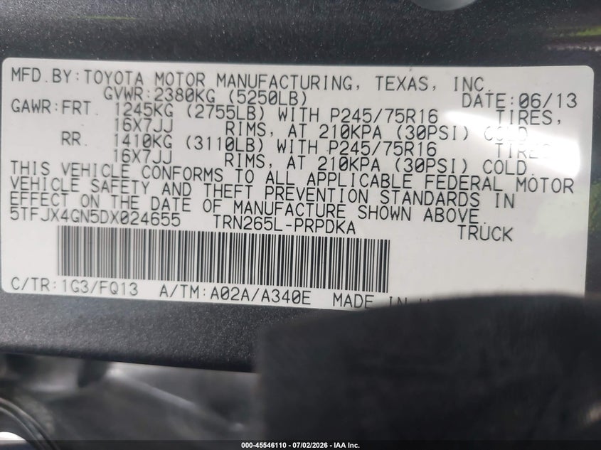 2013 Toyota Tacoma VIN 5TFJX4GN5DX024655 IAAI salvage auction — RIGHT FRONT, Salvage Title, sold $4,250 on 2026-07-20 (photo 9)