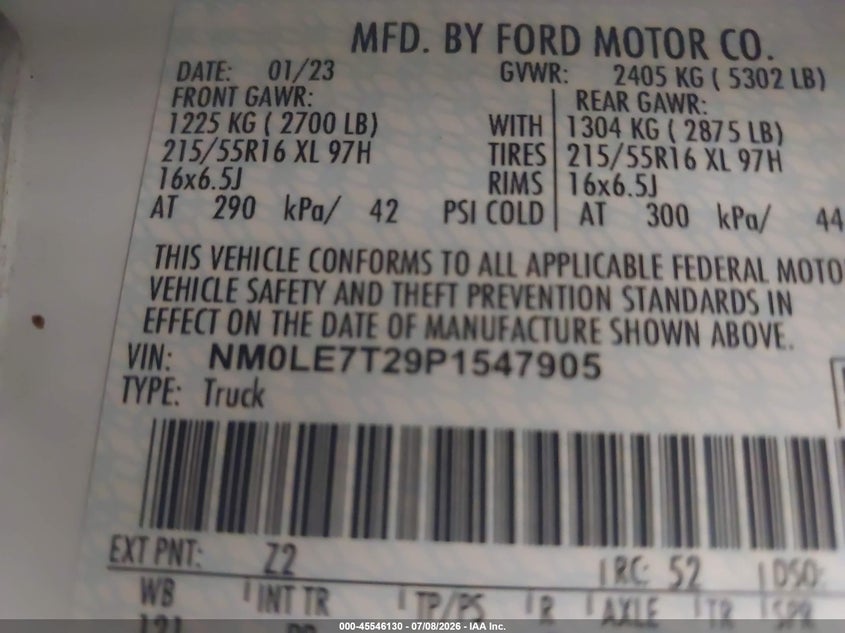2023 Ford Transit VIN NM0LE7T29P1547905 IAAI salvage auction — NORMAL WEAR, Salvage Title, sold $8,700 on 2026-07-28 (photo 9)