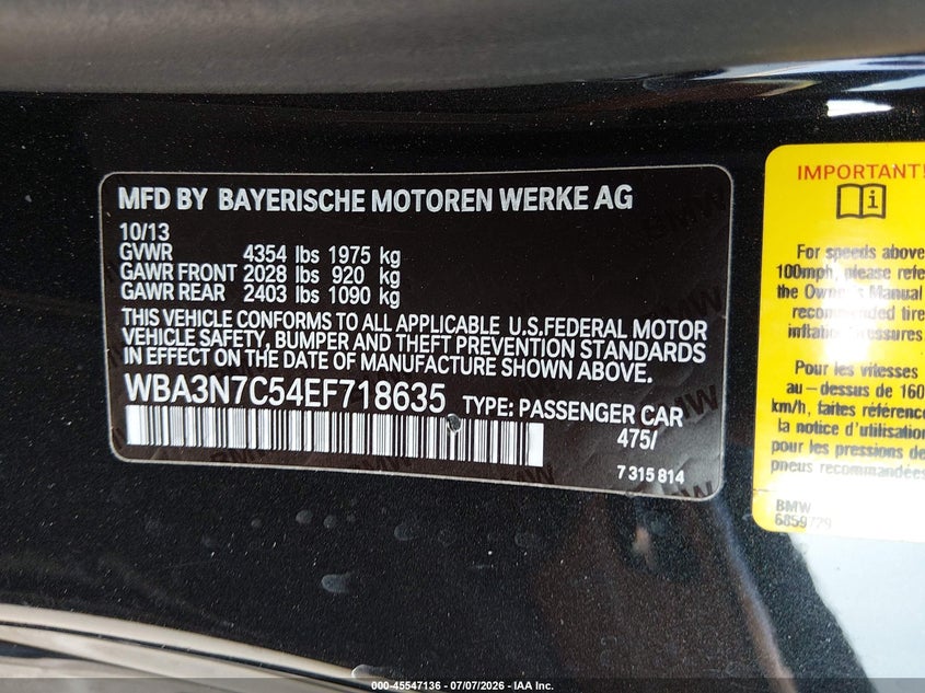 2014 BMW 4er VIN WBA3N7C54EF718635 IAAI salvage auction — REAR END, Wait Title, sold $4,525 on 2026-08-08 (photo 9)