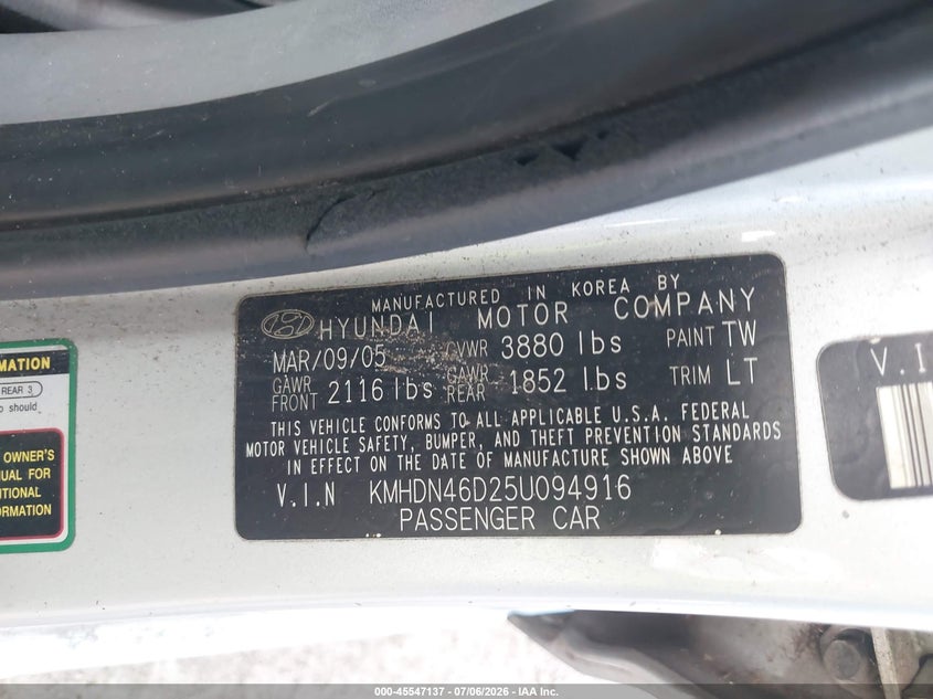 2005 Hyundai Elantra VIN KMHDN46D25U094916 IAAI salvage auction — REAR END, Rebuildable (Florida), sold $250 on 2026-07-28 (photo 9)