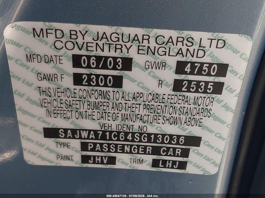 2004 Jaguar Xj VIN SAJWA71C64SG13036 IAAI salvage auction — FRONT END, Clear (Massachusetts), sold $1,750 on 2026-07-17 (photo 9)