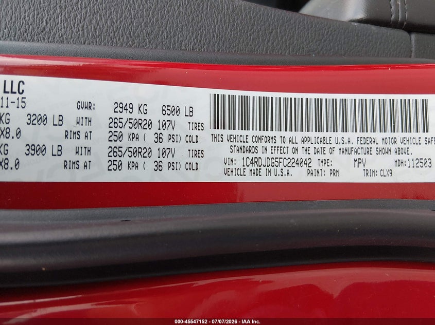 2015 Dodge Durango VIN 1C4RDJDG5FC224042 IAAI salvage auction — NORMAL WEAR, Wait Title, sold $2,350 on 2026-09-13 (photo 9)