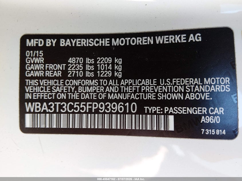 2015 BMW 4er VIN WBA3T3C55FP939610 IAAI salvage auction — RIGHT FRONT, Salvage (California), sold $6,500 on 2026-08-15 (photo 9)