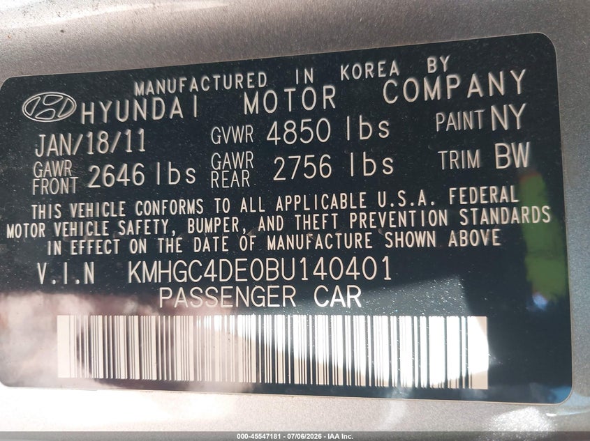2011 Hyundai Genesis VIN KMHGC4DE0BU140401 IAAI salvage auction — FRONT END, Salvage (California), sold $500 on 2026-07-22 (photo 9)