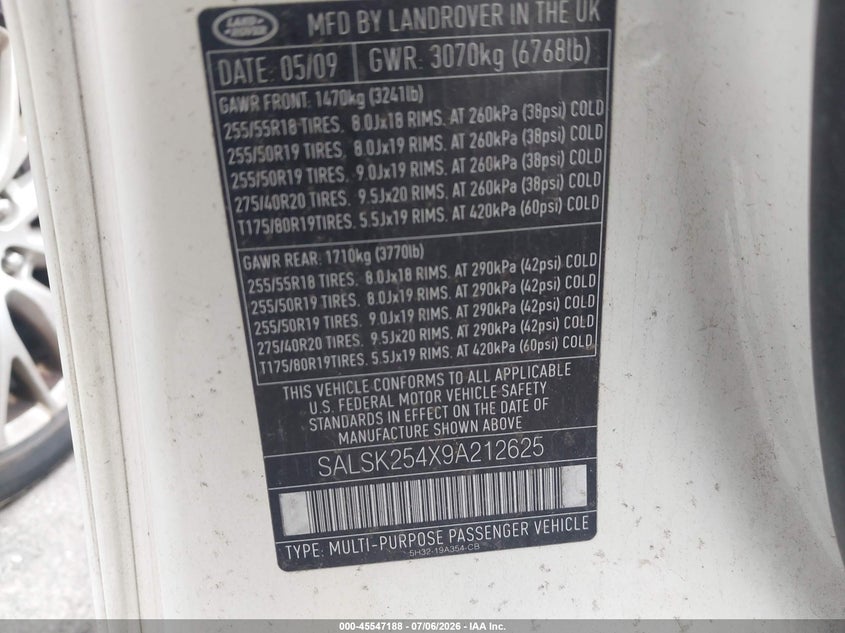 2009 Land rover Range rover sport VIN SALSK254X9A212625 IAAI salvage auction — NORMAL WEAR, Original (Ohio), sold $375 on 2026-07-28 (photo 9)