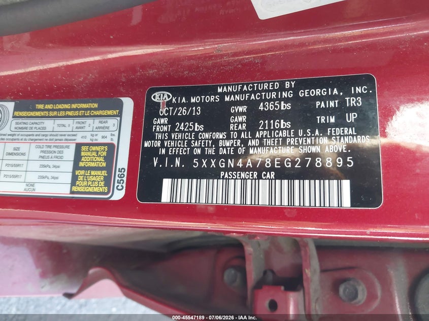2014 Kia Optima VIN 5XXGN4A78EG278895 IAAI salvage auction — NORMAL WEAR, Clear (Georgia), sold $425 on 2026-07-22 (photo 9)