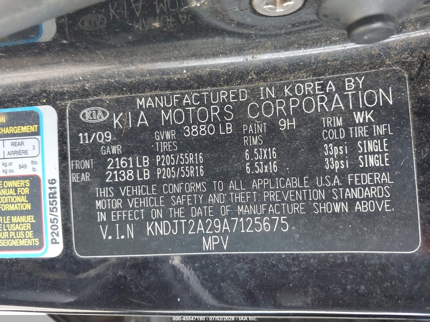 2010 Kia Soul VIN KNDJT2A29A7125675 IAAI salvage auction — NORMAL WEAR, Clear (Washington), sold $375 on 2026-07-29 (photo 9)