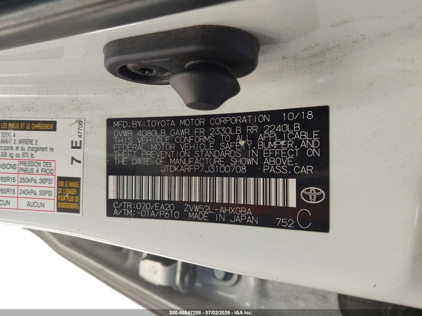 2018 Toyota Prius VIN JTDKARFP7J3100708 IAAI salvage auction — NORMAL WEAR, Clear - Dealer Only (California), sold $1,900 on 2026-07-09 (photo 9)