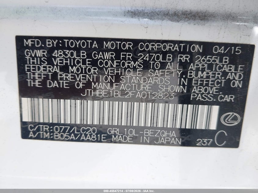 2015 Lexus Gs VIN JTHBE1BL2FA012823 IAAI salvage auction — LEFT REAR, Salvage (California), sold $5,500 on 2026-07-29 (photo 9)