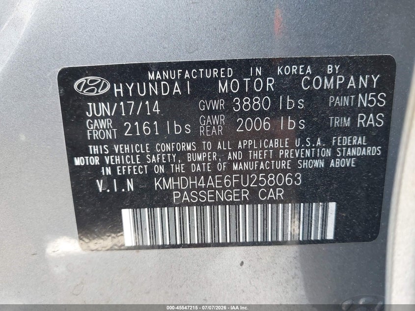 2015 Hyundai Elantra VIN KMHDH4AE6FU258063 IAAI salvage auction — LEFT & RIGHT, Bill Of Sale (Washington), sold $1,750 on 2026-07-29 (photo 9)