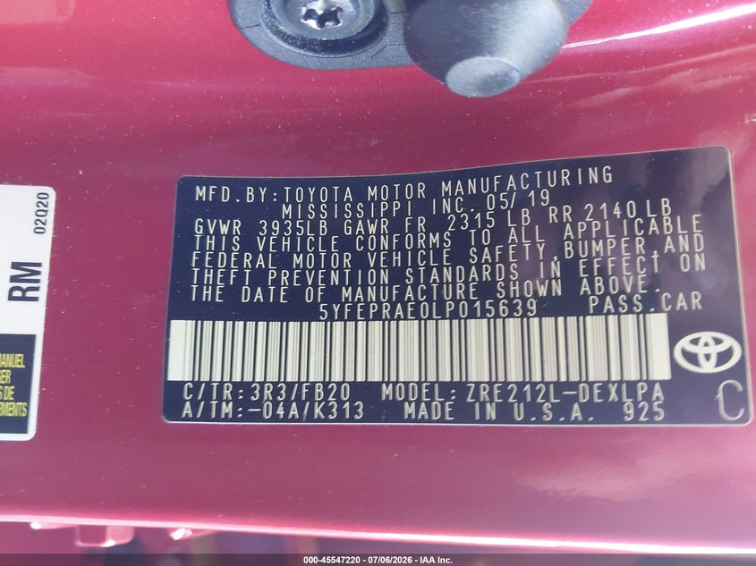 2020 Toyota Corolla VIN 5YFEPRAE0LP015639 IAAI salvage auction — FRONT END, Salvage Title, sold $2,600 on 2026-08-01 (photo 9)