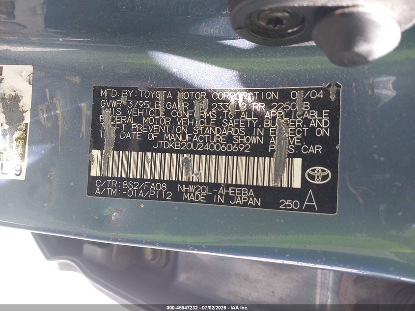 2004 Toyota Prius VIN JTDKB20U240060692 IAAI salvage auction — REAR END, Salvage (California), sold $500 on 2026-07-31 (photo 9)