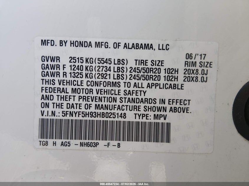 2017 Honda Pilot VIN 5FNYF5H93HB025148 IAAI salvage auction — BIO HAZARD, Nrc Lienholder Repossession Paperwork (Nevada), sold $3,300 on 2026-07-24 (photo 9)