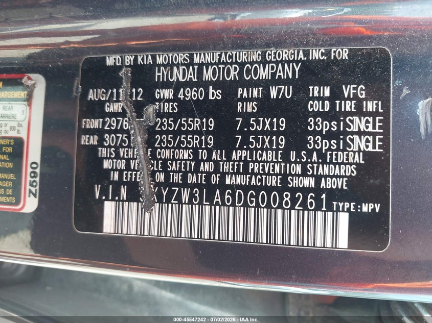 2013 Hyundai Santa fe VIN 5XYZW3LA6DG008261 IAAI salvage auction — NORMAL WEAR, Clear (Virginia), sold $1,700 on 2026-07-29 (photo 9)
