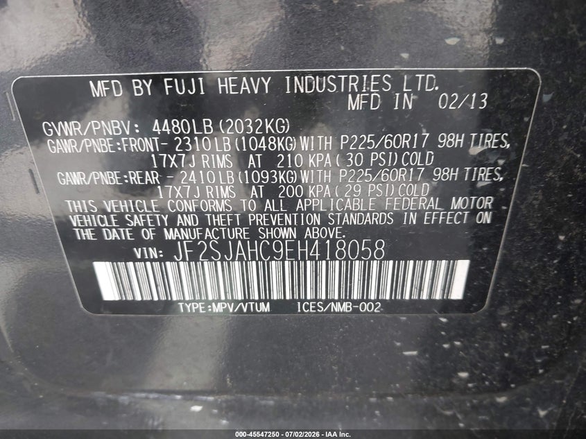 2014 Subaru Forester VIN JF2SJAHC9EH418058 IAAI salvage auction — NORMAL WEAR, Clear (Virginia), sold $825 on 2026-07-29 (photo 9)