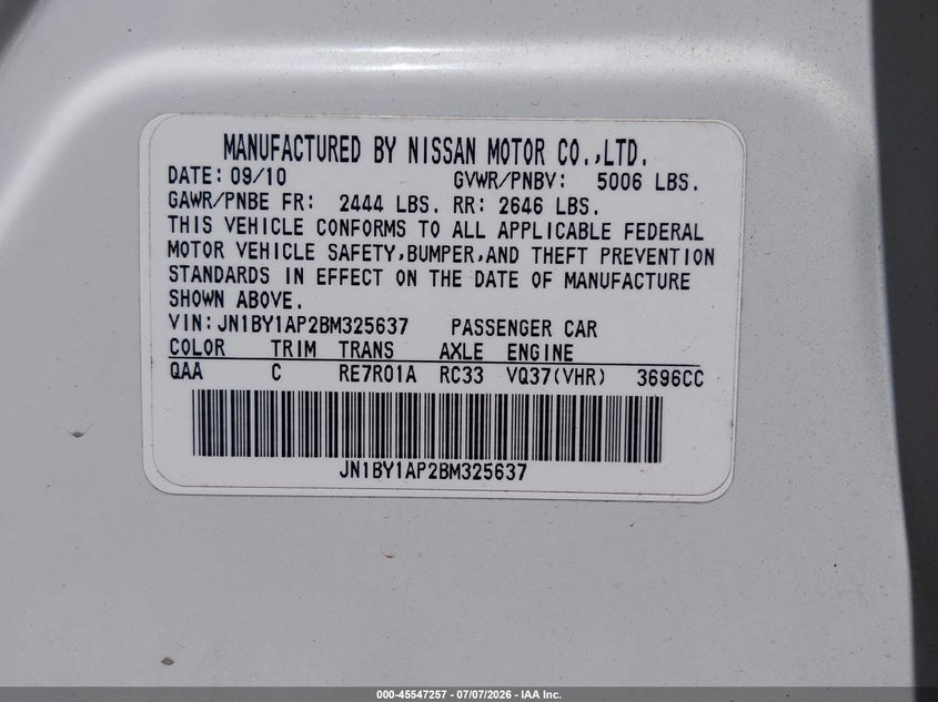 2011 Infiniti M37 VIN JN1BY1AP2BM325637 IAAI salvage auction — FRONT END, Salvage (Texas), sold $450 on 2026-07-28 (photo 9)