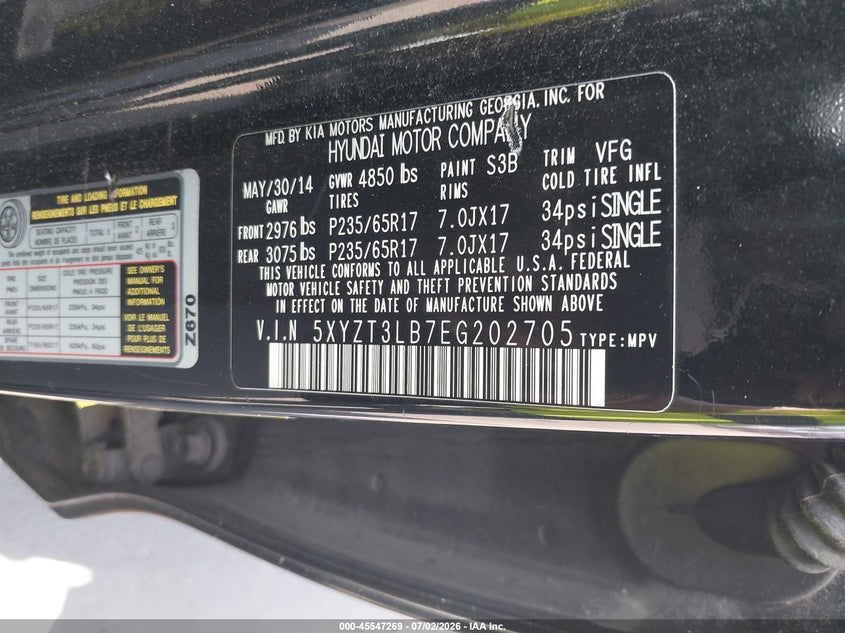 2014 Hyundai Santa fe VIN 5XYZT3LB7EG202705 IAAI salvage auction — NORMAL WEAR, Clear (Connecticut), sold $1,900 on 2026-07-09 (photo 9)