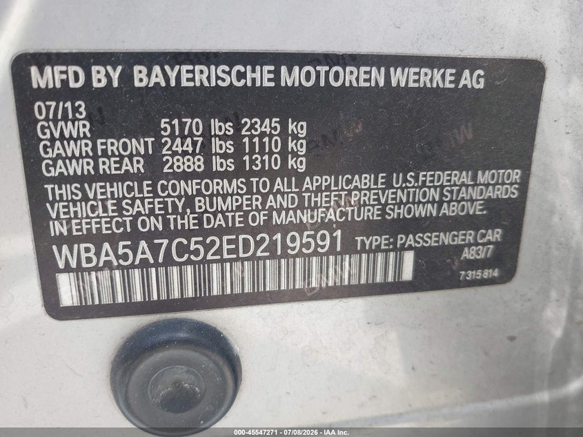2014 BMW 5er VIN WBA5A7C52ED219591 IAAI salvage auction — LEFT SIDE, Salvage Title, sold $1,425 on 2026-08-12 (photo 9)