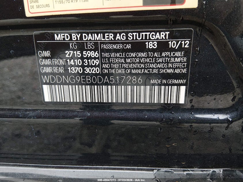 2013 Mercedes-benz S class VIN WDDNG9EB0DA517286 IAAI salvage auction — NORMAL WEAR, Clear (Alabama), sold $1,475 on 2026-08-10 (photo 9)