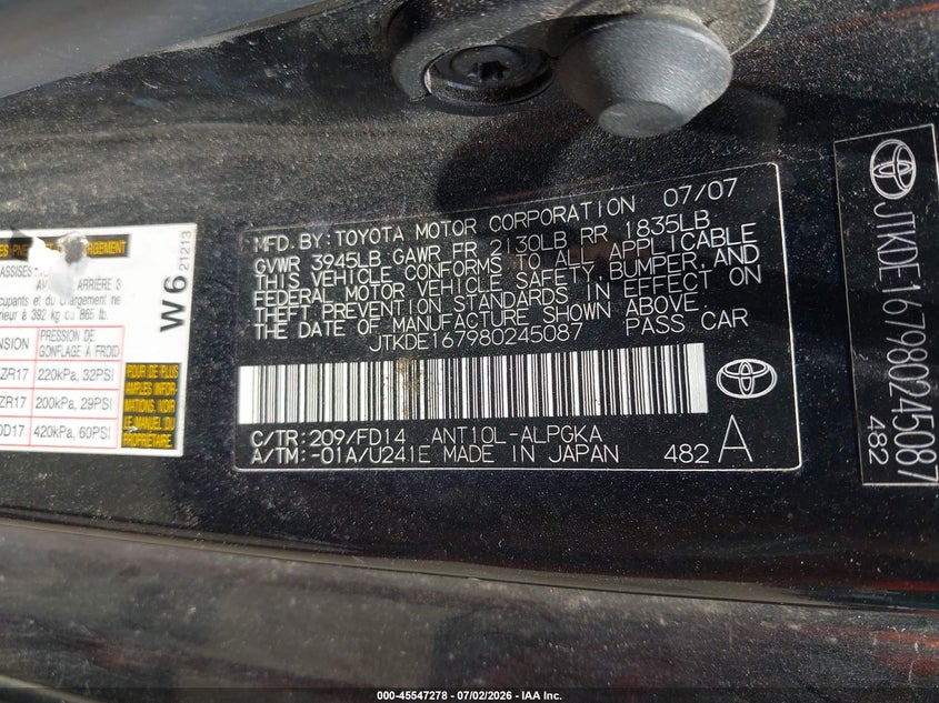 2008 Scion Tc VIN JTKDE167980245087 IAAI salvage auction — NORMAL WEAR, Clear (Virginia), sold $600 on 2026-07-29 (photo 9)