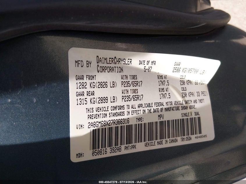 2007 Chrysler Pacifica VIN 2A8GM68X27R366316 IAAI salvage auction — NORMAL WEAR, Clear (Kansas), sold $400 on 2026-07-24 (photo 9)