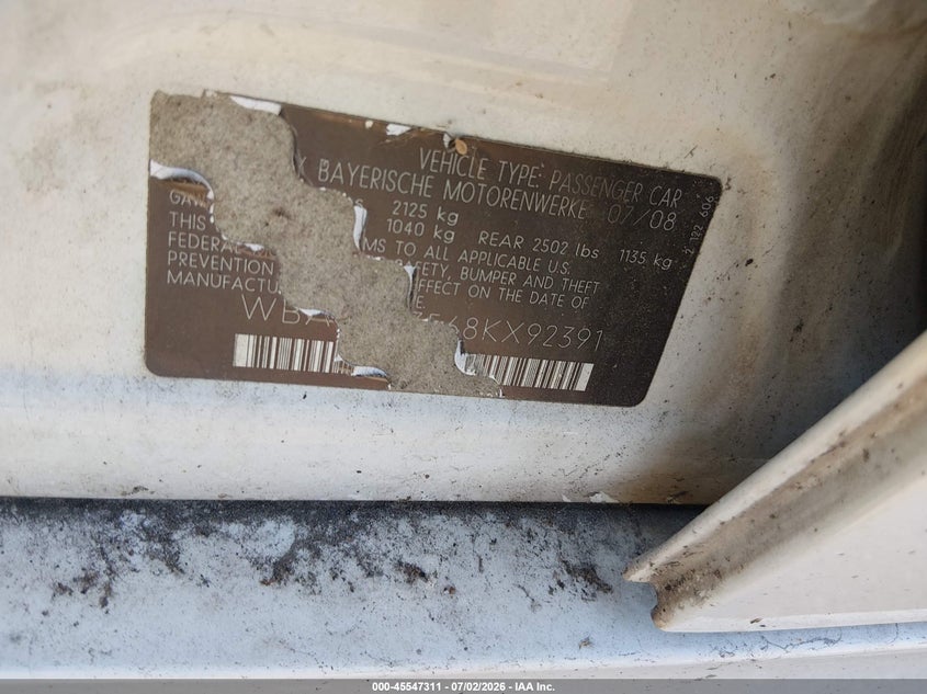 2008 BMW 3 series VIN WBAVC73568KX92391 IAAI salvage auction — FRONT END, Bill Of Sale (New York), sold $25 on 2026-08-04 (photo 9)