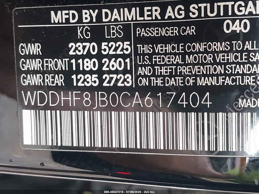 2012 Mercedes-benz E-klasse VIN WDDHF8JB0CA617404 IAAI salvage auction — LEFT SIDE, Salvage - Greater Than 75% (Maryland), sold $1,250 on 2026-07-28 (photo 9)