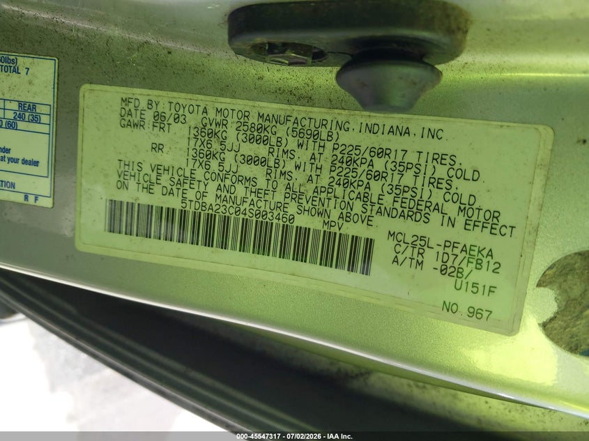 2004 Toyota Sienna VIN 5TDBA23C04S003460 IAAI salvage auction — NORMAL WEAR, App For Dup Clear (California), sold $325 on 2026-07-29 (photo 9)