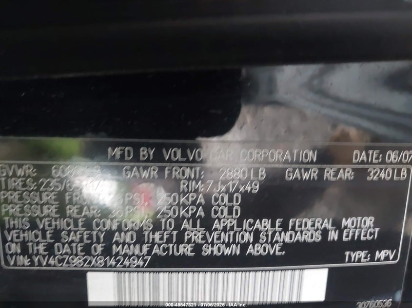 2008 Volvo Xc90 VIN YV4CZ982X81424947 IAAI salvage auction — NORMAL WEAR, Clear (New York), sold $25 on 2026-08-04 (photo 9)