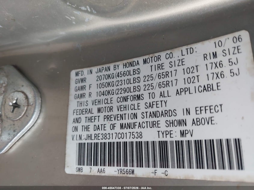 2007 Honda Cr-v VIN JHLRE38317C017538 IAAI salvage auction — NORMAL WEAR, Original (Texas), sold $1,250 on 2026-07-23 (photo 9)