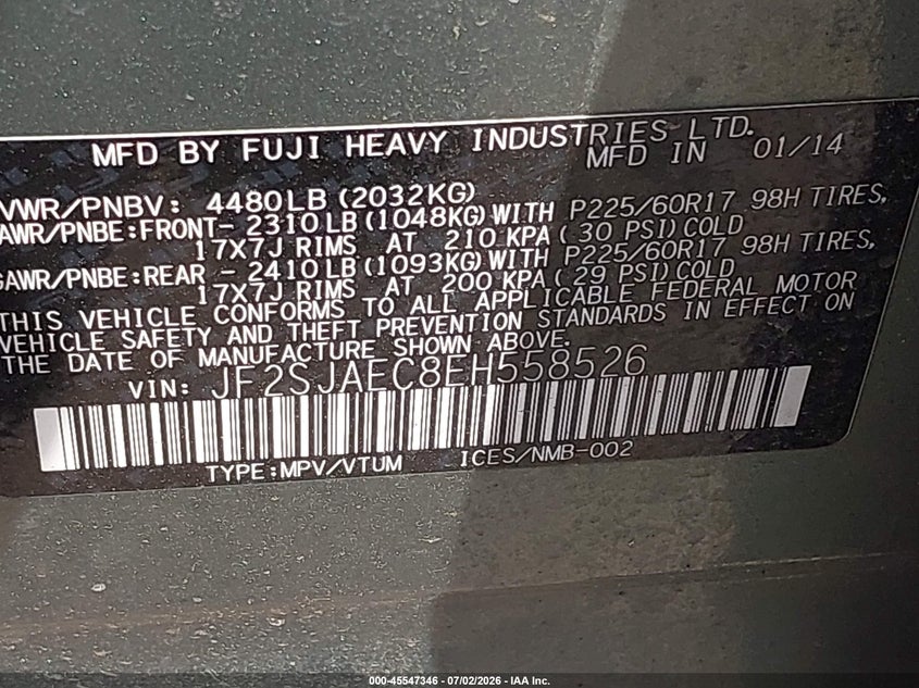 2014 Subaru Forester VIN JF2SJAEC8EH558526 IAAI salvage auction — NORMAL WEAR, Clear (Colorado), sold $550 on 2026-07-21 (photo 9)