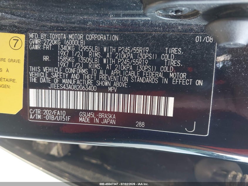 2008 Toyota Highlander VIN JTEES43A082063400 IAAI salvage auction — NORMAL WEAR, Clear (Missouri), sold $900 on 2026-07-28 (photo 9)