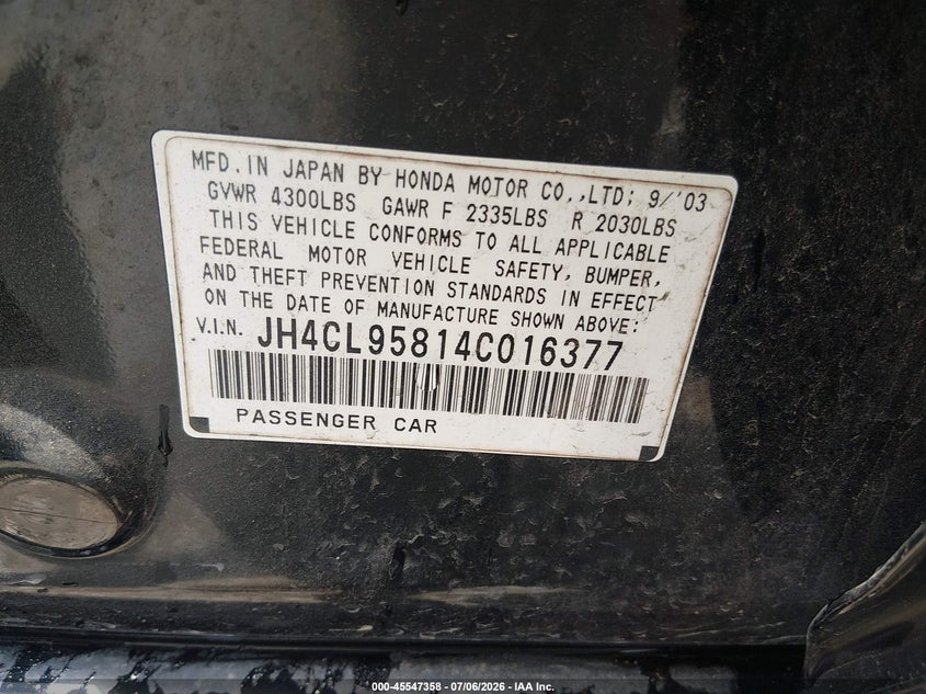 2004 Acura Tsx VIN JH4CL95814C016377 IAAI salvage auction — NORMAL WEAR, Clear (Tennessee), sold $1,075 on 2026-07-25 (photo 9)