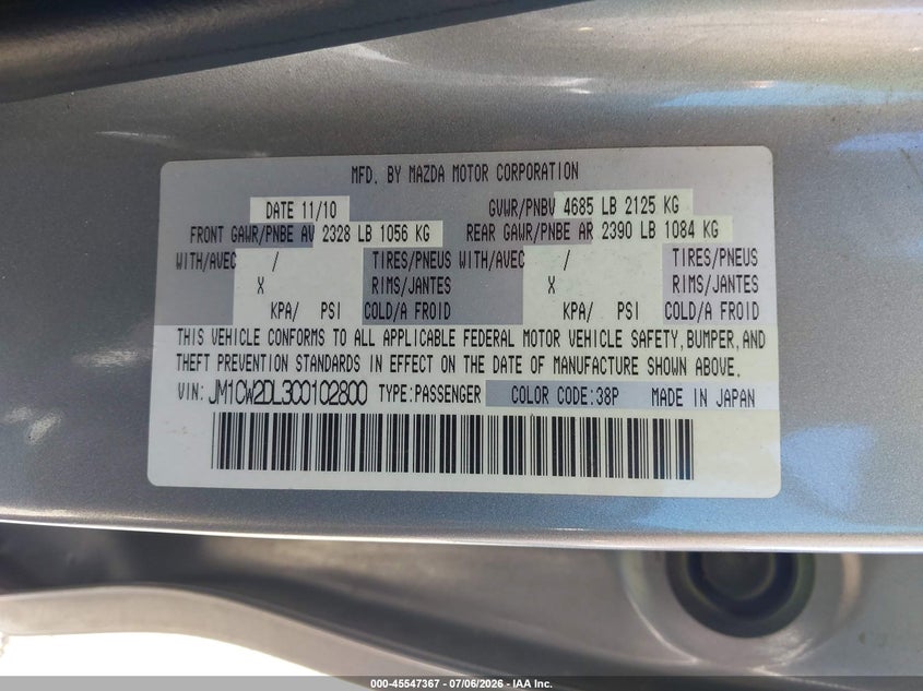 2012 Mazda 5 VIN JM1CW2DL3C0102800 IAAI salvage auction — REAR END, Salvage (California), sold $500 on 2026-07-23 (photo 9)