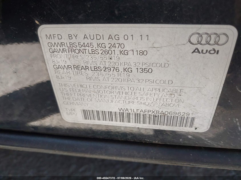 2011 Audi Q5 VIN WA1LFAFPXBA069629 IAAI salvage auction — NORMAL WEAR, Clear (Louisiana), sold $1,025 on 2026-07-28 (photo 9)