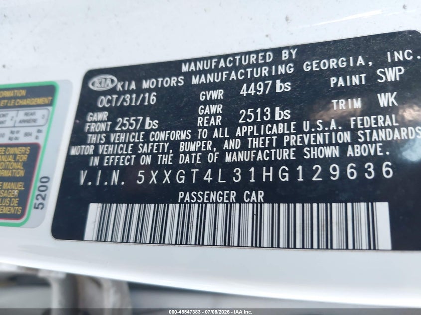 2017 Kia Optima VIN 5XXGT4L31HG129636 IAAI salvage auction — NORMAL WEAR, Original (Texas), sold $2,225 on 2026-07-20 (photo 9)