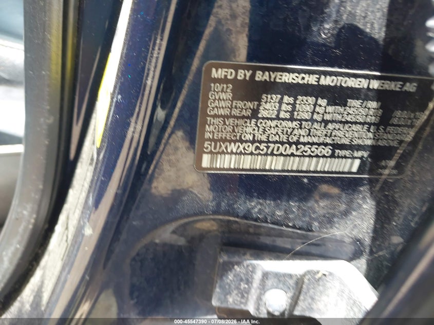 2013 BMW X3 VIN 5UXWX9C57D0A25566 IAAI salvage auction — NORMAL WEAR, Original (Texas), sold $25 on 2026-07-29 (photo 9)