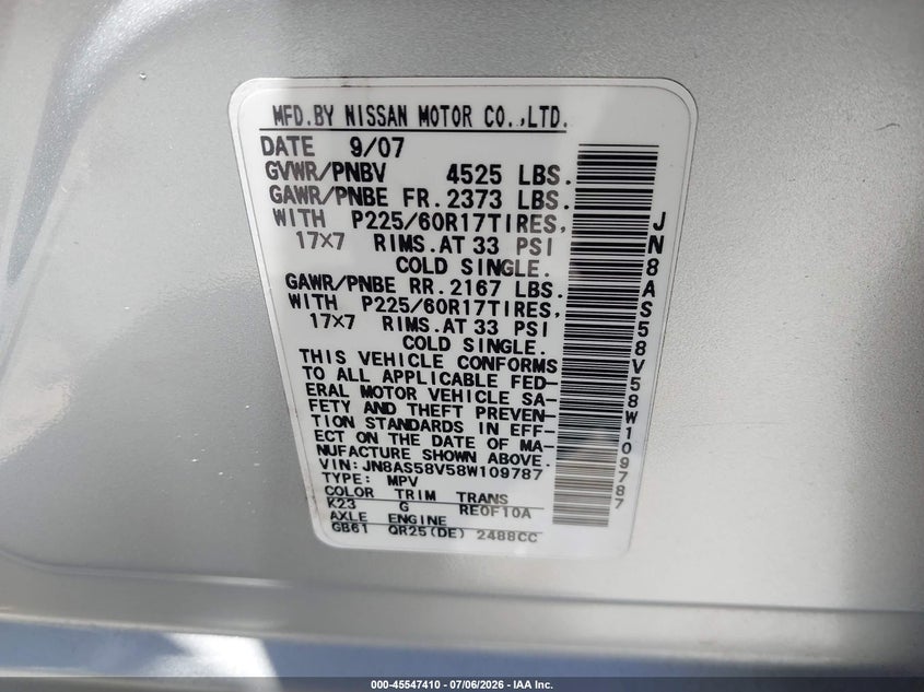 2008 Nissan Rogue VIN JN8AS58V58W109787 IAAI salvage auction — LEFT FRONT, Salvage (California), sold $375 on 2026-07-17 (photo 9)